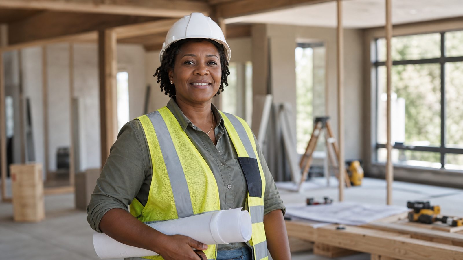 Black woman general contractor holding rolled blueprints on a job site