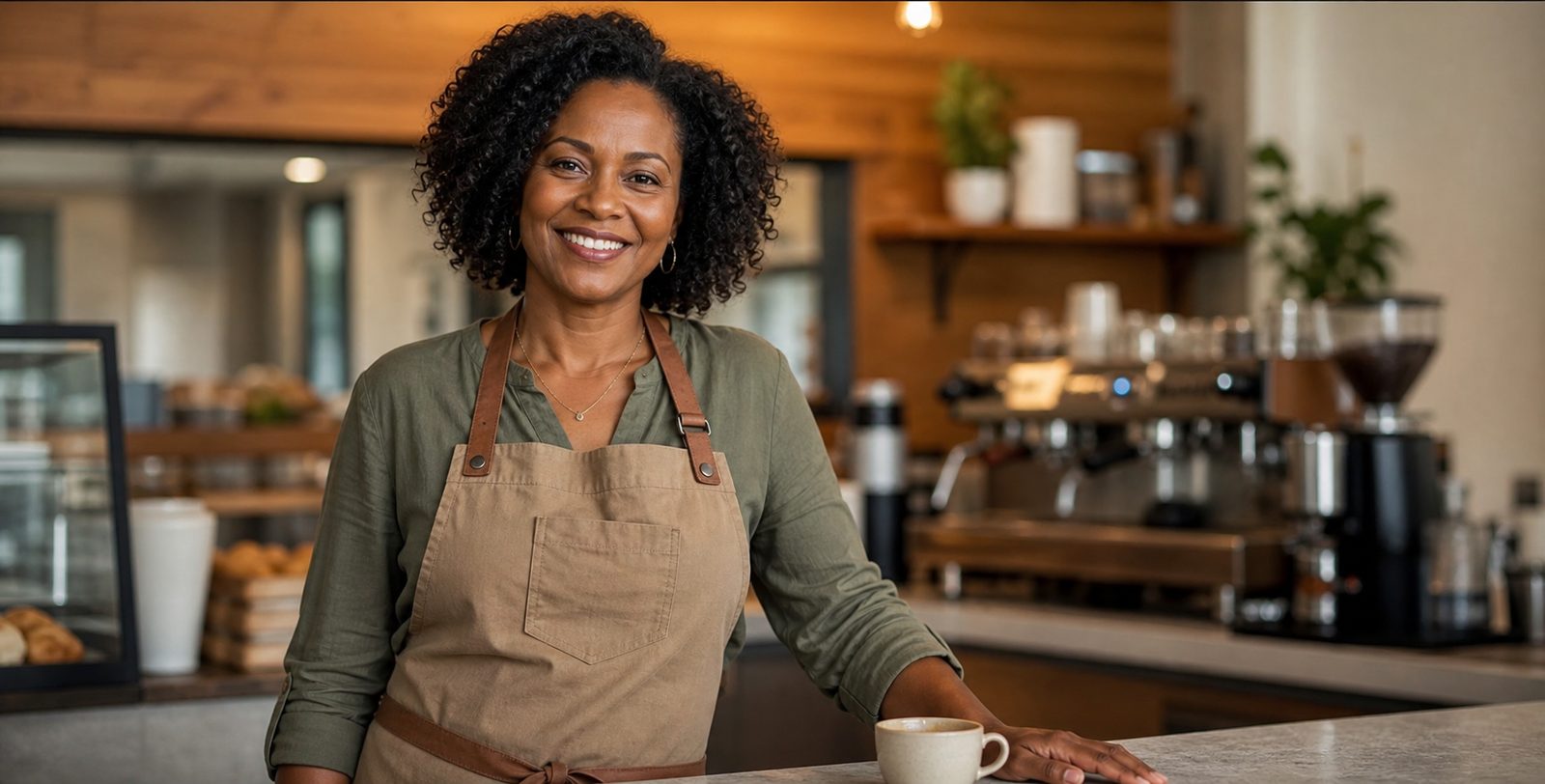 Black woman coffee shop owner standing behind her cafe counter