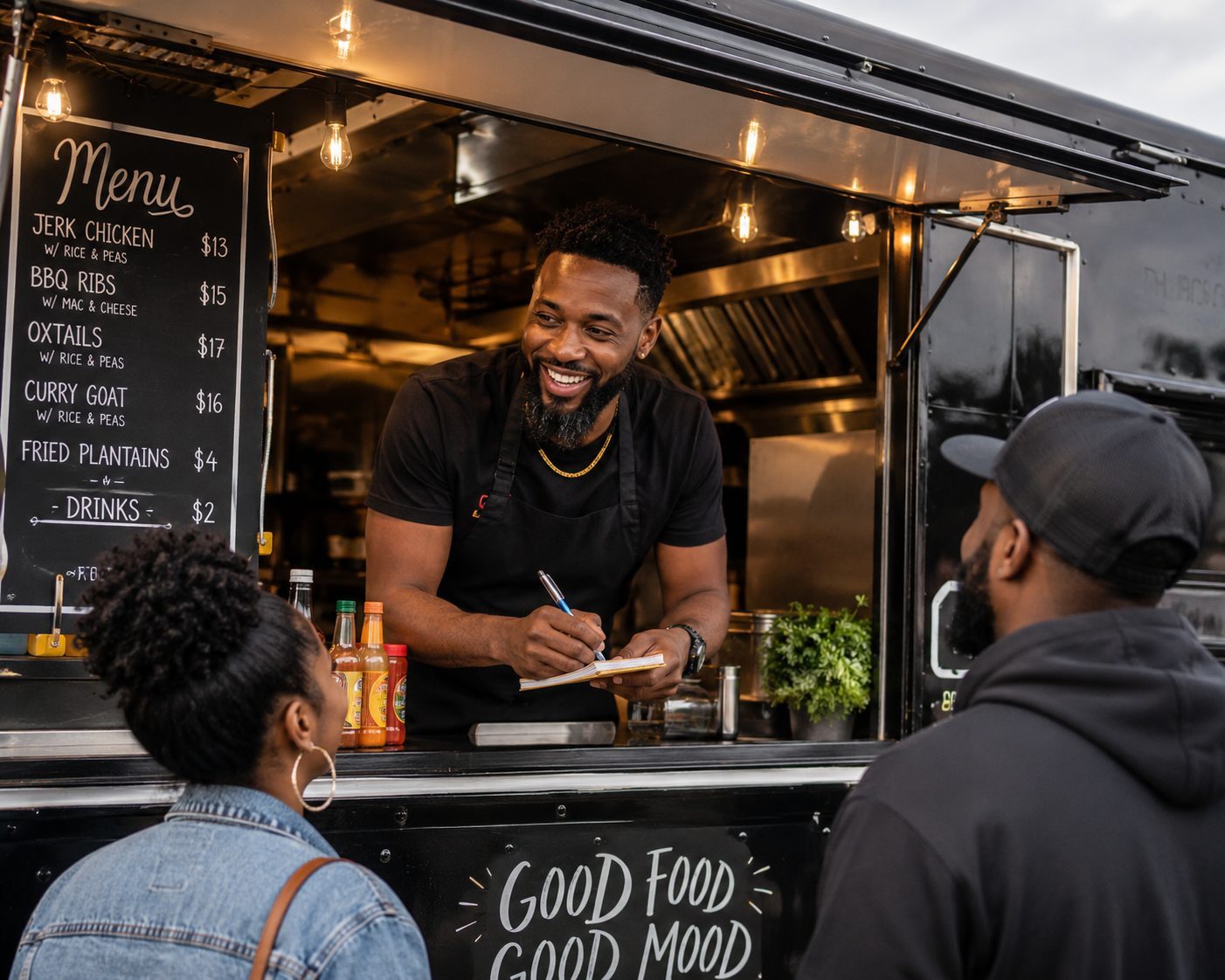 A Black food-truck owner taking orders from smiling customers at his window