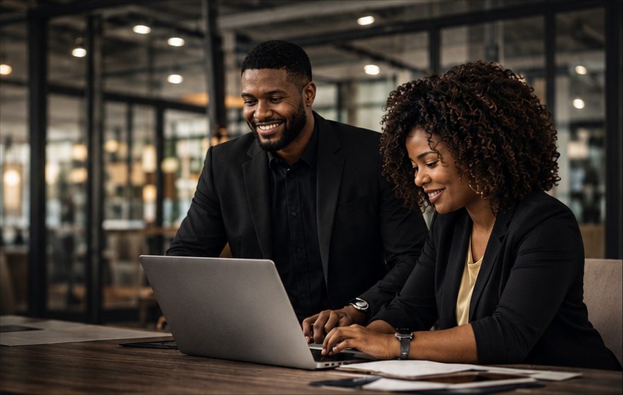 Two Black business owners working through their setup together on a laptop