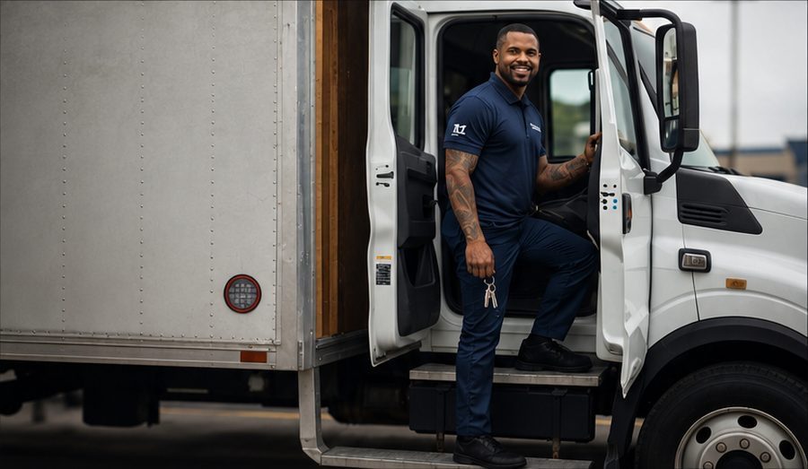 A Black man stepping into the cab of his box truck