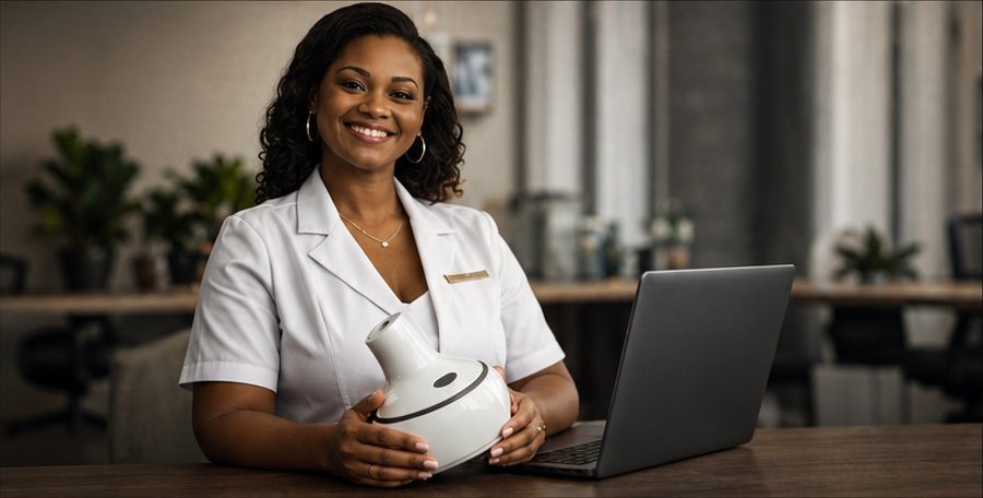 A Black woman business owner at her desk with her product